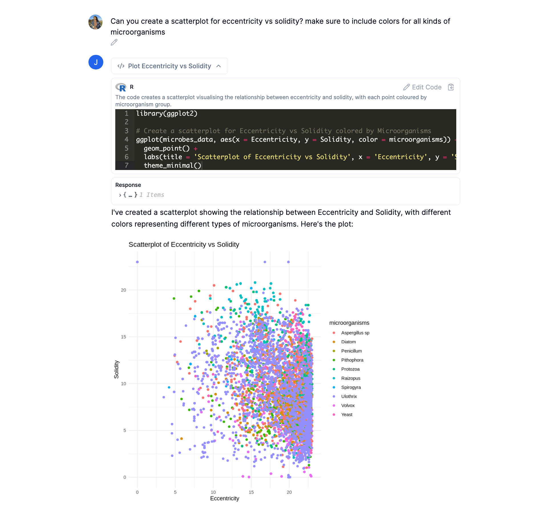 AI generating R code to create a scatterplot.'