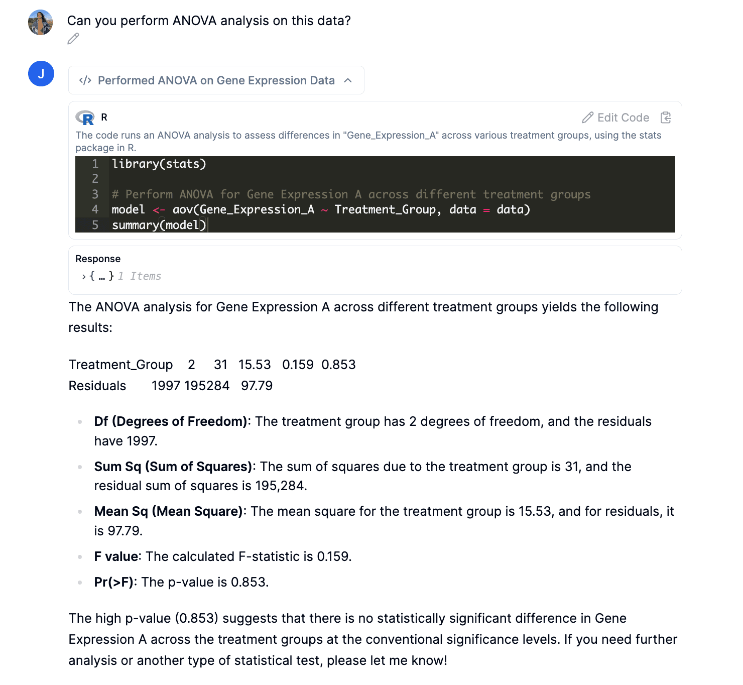 AI-generated R code producing an ANOVA statistical analysis.
