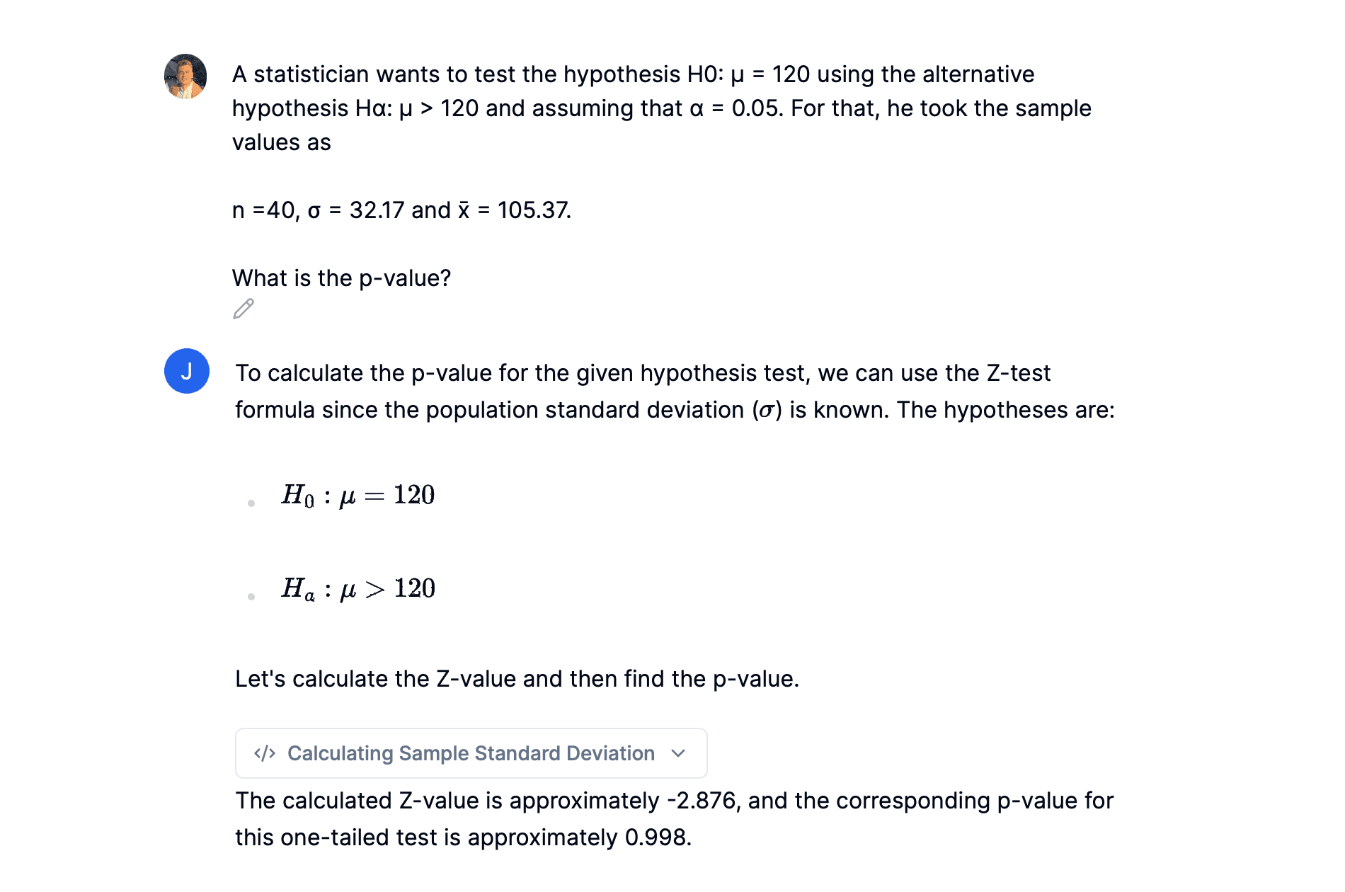 AI chatbot software calculating the p-value for a given set of values.